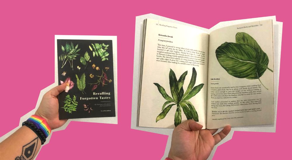 Two cutouts of photos on a pink background: one of a hand holding a black book up with the title Retelling Forgotten Tastes -- it has illustrations of leaves on it. The second is of a hand holding up a spread, each page has an illustration of green leaf and description